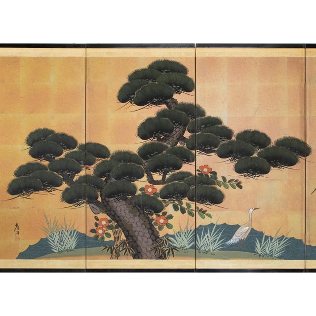 "Big Pine Tree and Egrets", Showa Era Japanese Byobu Screen For Sale - Image 4 of 18