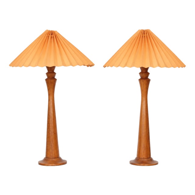Vintage French Wood Baluster Table Lamps with Pleated Orange Shades, 1960s, Set of 2 For Sale