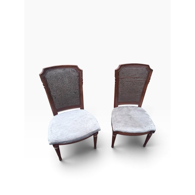 Vintage French Provincial Cane-Back Side Chairs With Taupe Upholstery, Pair For Sale In Buffalo - Image 6 of 9
