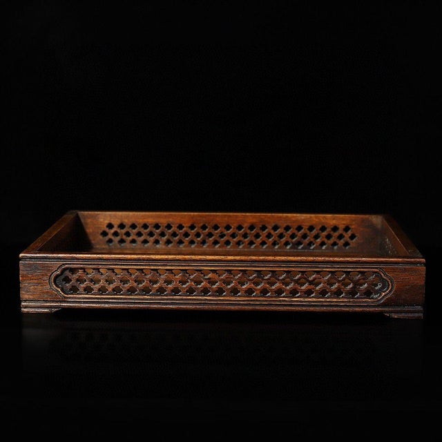 Brown Huali Rosewood Rectangular Tray With Openwork Carving For Sale - Image 8 of 9