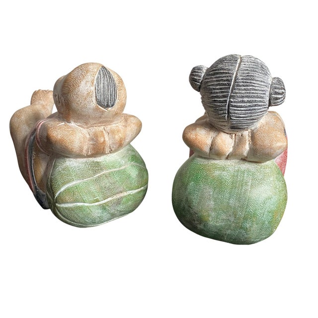 Wood Antique Chinese Wood Carved Karako Boy Girl Reclining Melon Child Buddha Sculpture For Sale - Image 7 of 8