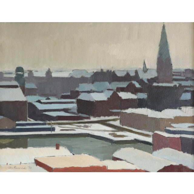 Textile 1970 Modernist 'Winter Skyline' Vintage Swedish Cityscape Oil Painting, Framed For Sale - Image 7 of 12
