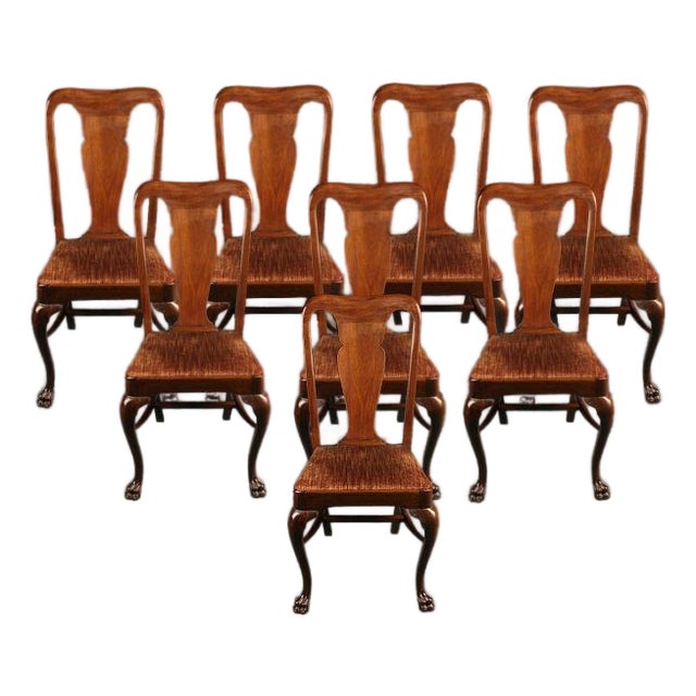 Set of 8 Antique Mahogany Queen Anne Style Dining Chairs With Claw Feet, Circa 1900 For Sale