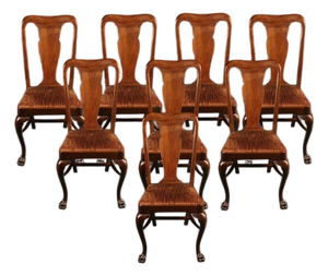 Set of 8 Antique Mahogany Queen Anne Style Dining Chairs With Claw Feet, Circa 1900