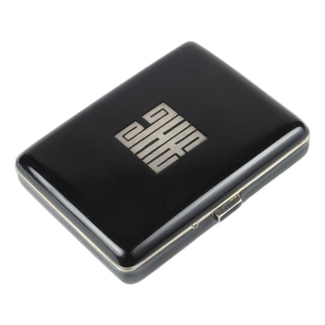 Early 20th Century Art Déco Metal and Black Enamel Compact Vanity Case With Mirror and Lipstick Holder, France For Sale