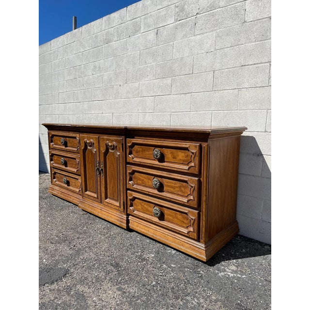 French Provincial Vintage Antique Wood Dresser Buffet Media Console Changing Table Chest Drawers For Sale - Image 3 of 10