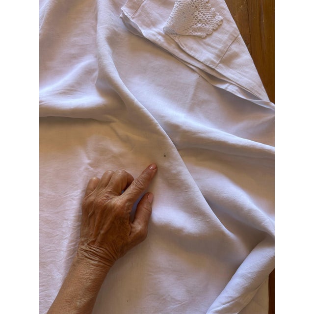 Textile Antique French Linen Sheet With Hand Crochet Lace Trim Monogrammed White Trousseau Sheet Romantic French Bedding For Sale - Image 7 of 12