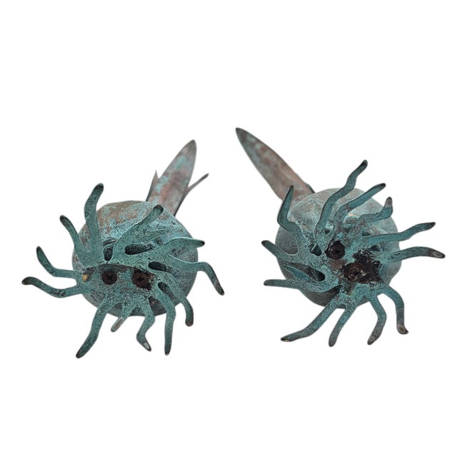 Vintage Verdigris Cattail Candleholders, Copper Bronze Metal, Pair, 13" For Sale - Image 11 of 13