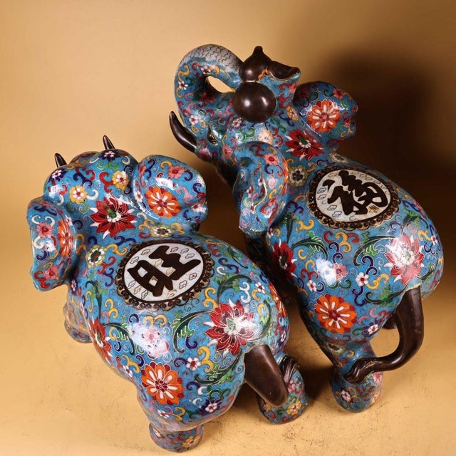Traditional Late 20th Century Gilt Bronze Cloisonné Enamel Elephant Figures - Pair For Sale - Image 3 of 10