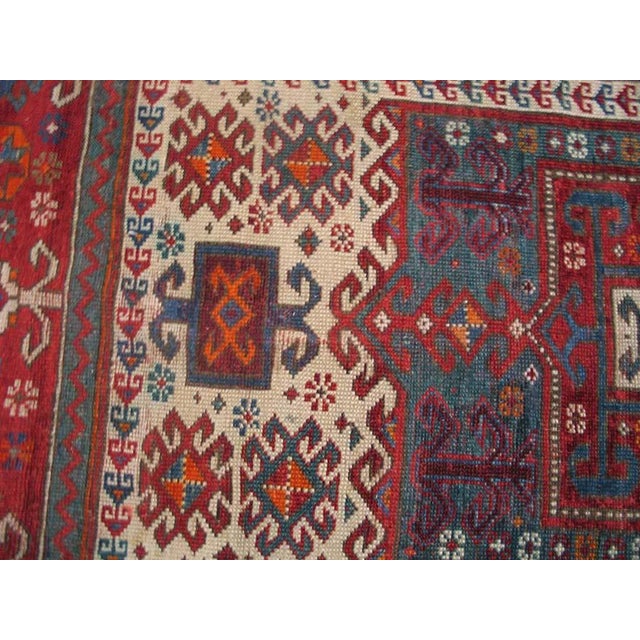 1890s Ivory Red Geometric Antique Caucasian Kazak Fachralo Prayer Rug 3'9" X 6' Handknotted Wool Carpet For Sale - Image 4 of 6