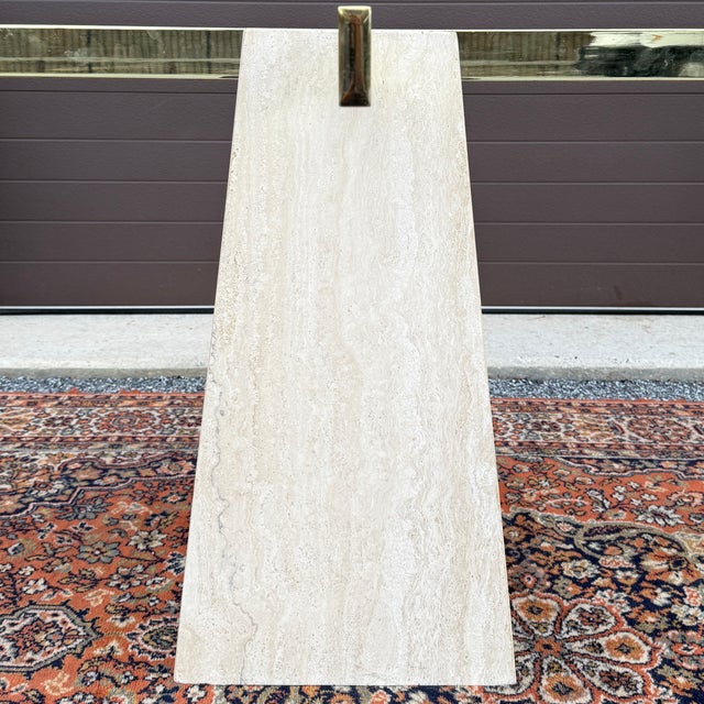 Beige Vintage Pyramid Shaped Beige Travertine and Brass Dining Table Pedestal Base Attr. Artedi For Sale - Image 8 of 18