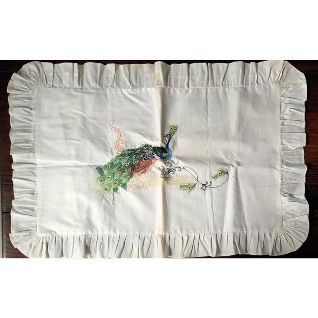 Indian Chinese HandSewn Peacock Accent Linen Lg. Pillow Covers - Pair. For Sale - Image 3 of 10