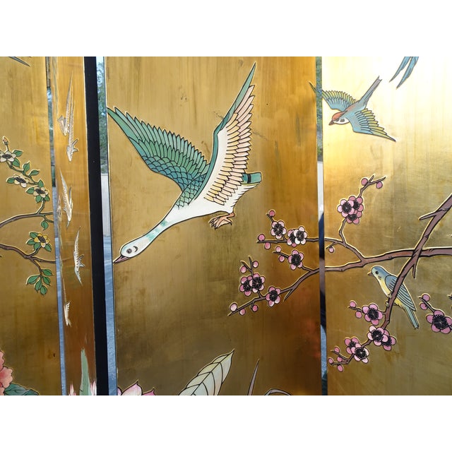 84" Tall Vintage Eight Panel Oriental Asian Gold Folding Screen Room Divider W Birds For Sale - Image 10 of 13