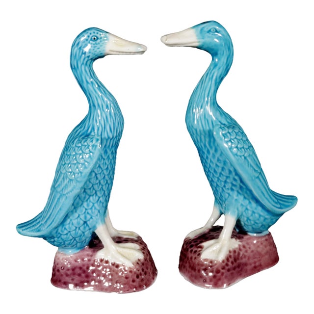Vintage Chinese Porcelain Turquoise Pair of Indian Runner Ducks For Sale