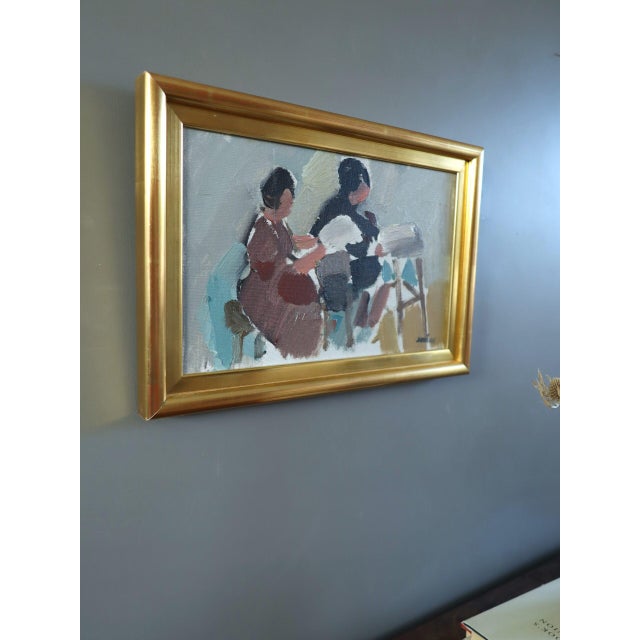 Mid 20th Century Mid-Century Modern 'The Craft of Two' Vintage Original Figurative Oil Painting, Framed For Sale - Image 5 of 12