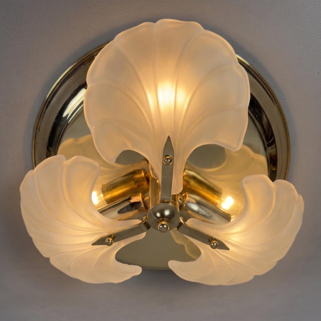 Vintage Ceiling Lamp in Polished Brass Leaves and Satin Glass, 1970s For Sale - Image 6 of 12