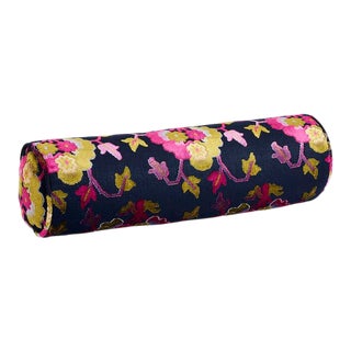 Schumacher Jennie Velvet 21" Bolster Pillow in Midnight & Magenta For Sale