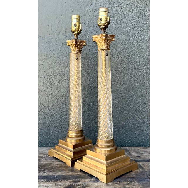 Brass Vintage Neoclassical Twisted Glass Lamps - A Pair For Sale - Image 8 of 12