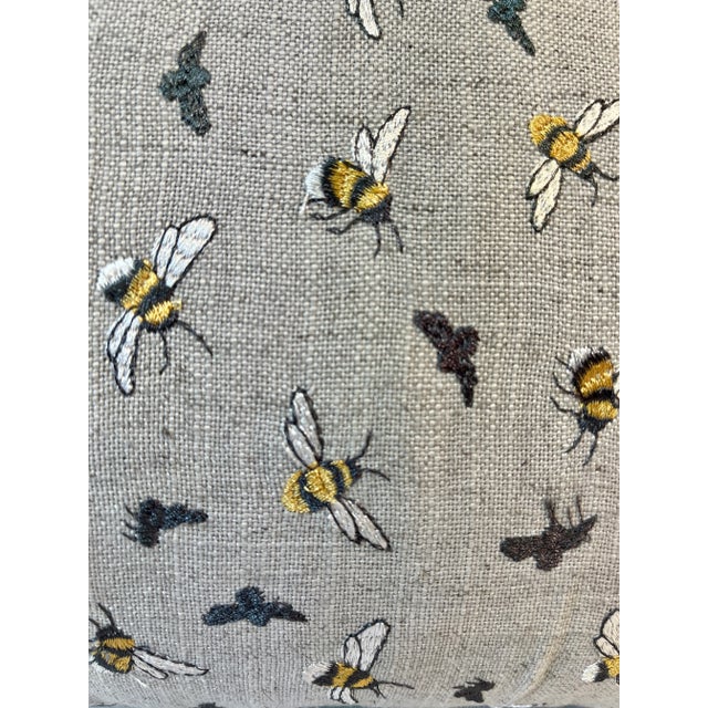 Large Bolster Pillow Decorated With a Swarm of Hand Stitched Look Bees & Their Shadows on a Gray Background and Gray Velvet-Like Backing - Made in U K For Sale - Image 4 of 10