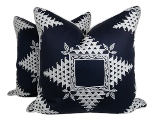 Navy and Ivory Chinoiserie Embroidered Designer Pillow Covers 22x22, a Pair