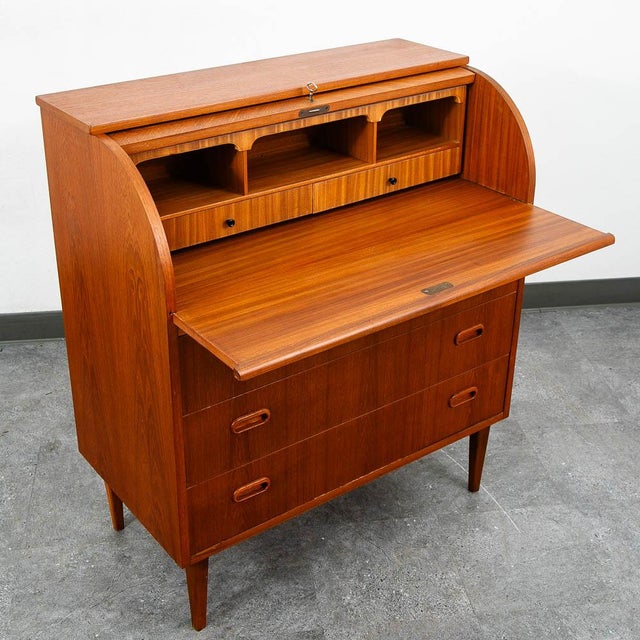 Mid-Century Modern Mid Century Danish Modern Desk Rolltop Secretary Teak Wood Denmark Vintage Legs For Sale - Image 3 of 10