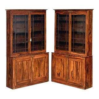 English Two-Tiered Glass Front Bookcases of Figured Wood - Two Available For Sale