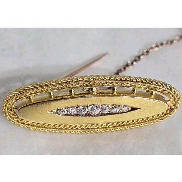 Gold Antique Victorian Etruscan 15ct Gold Seven-Stone Mine Cut Diamond Bar Brooch For Sale - Image 8 of 15