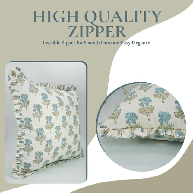 Art Deco Fabdivine Artisan Block Print Throw Frill Pillow Cover Blue 12x20 Inch Thick Cotton White- Manmohan For Sale - Image 3 of 5