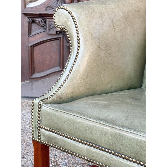 Wood English Library Wing Back Chair of Upholstered Leather and Walnut For Sale - Image 7 of 9