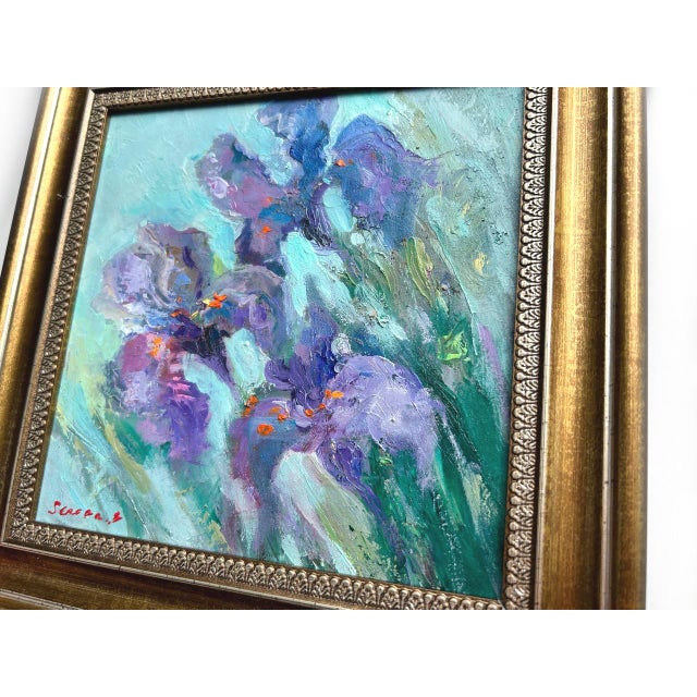 Violet Framed Flower Blue-Violet Irises Original Painting by Artist Valeriya Serova For Sale - Image 8 of 11