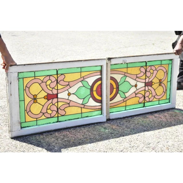 Antique Art Nouveau Stained Glass Pink Green Orange Windows With Jewels - Pair For Sale - Image 12 of 12