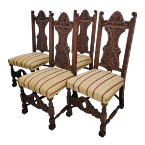 Jacobean Style Victorian Era Carved Oak Dining Side Chairs - Set of 4