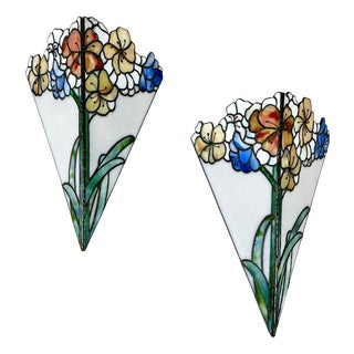 Vintage French Brass and Glass Sconces in the style of Tiffany, 1950s, Set of 2 For Sale