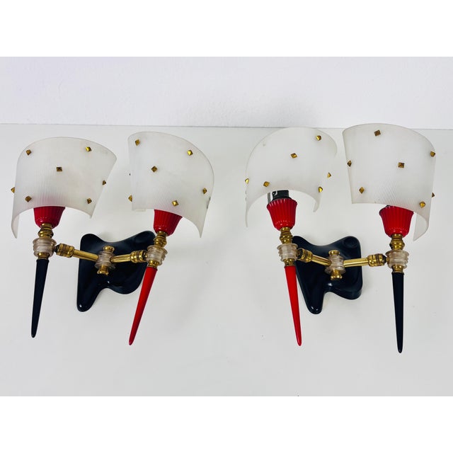 Metal Brass and Plexiglass Wall Lamps by Maison Arlus, 1960, France - A Pair For Sale - Image 7 of 13