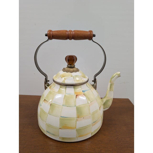 Mid 20th Century Mid 20th Century MacKenzie Childs Yellow and Cream Parchment Checkered Tea Kettle For Sale - Image 5 of 9