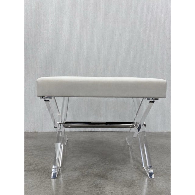 Art Deco Worlds Away Dixon Acrylic Lucite X Base Stool Nickel Stretcher White Linen For Sale - Image 3 of 7