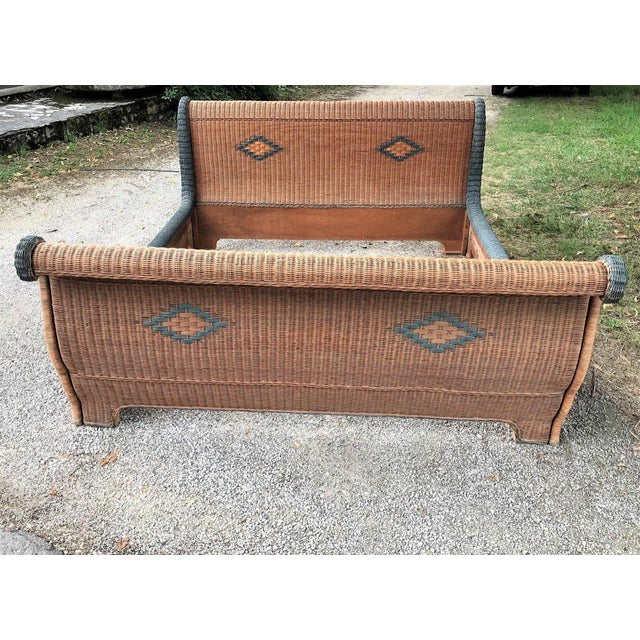 Wood Mid-1950s Sleigh Day Bed / Queen in Natural Rattan Decorated With Blue and Brown For Sale - Image 7 of 7