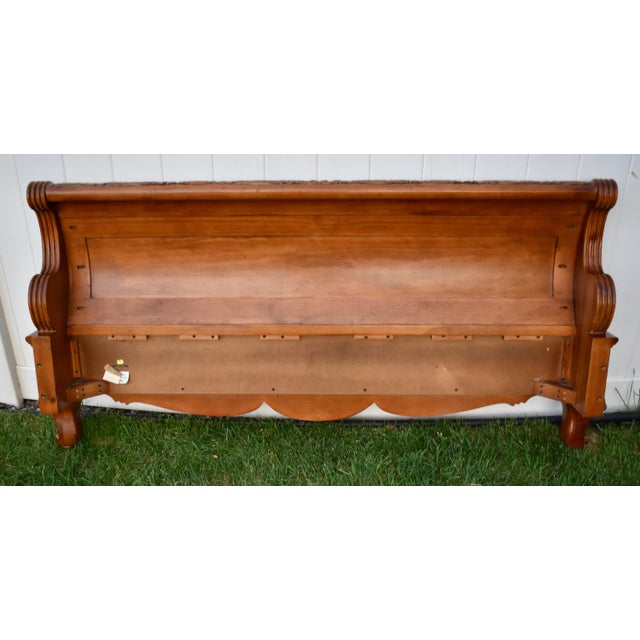 Brown Legacy Pine Upholstered Sleigh Bed Carved and Inlaid Ornate Queen Frame For Sale - Image 8 of 18