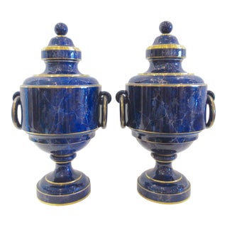 Late 19th. Century French Sevres Porcelain Gilded Lapis Lazuli Ground Palace Ground Urns - Pair For Sale