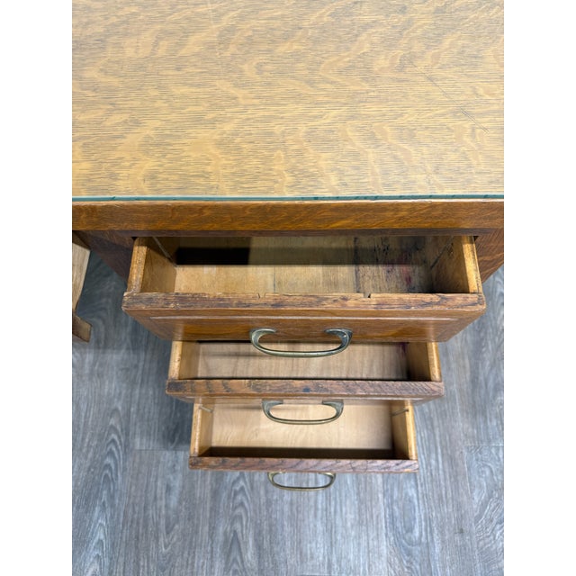 Antique American Arts & Crafts Mission Tiger Oak Executive Desk Partner Desk For Sale - Image 11 of 17