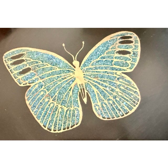 Classic Vintage Mid-Century Modern Couroc of Monterey, Ca Round Tray With a Duo Butterfly Design Hand Inlaid With Multicolored Stones & Brass For Sale - Image 9 of 10