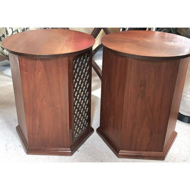Mid Century Octagonal Walnut End Tables, Floor Speakers For Sale - Image 4 of 11