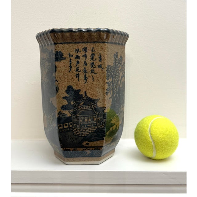 Taupe Asian Chinoiserie Landscape Scene Glazed Ceramic Hexagon Vase For Sale - Image 8 of 12