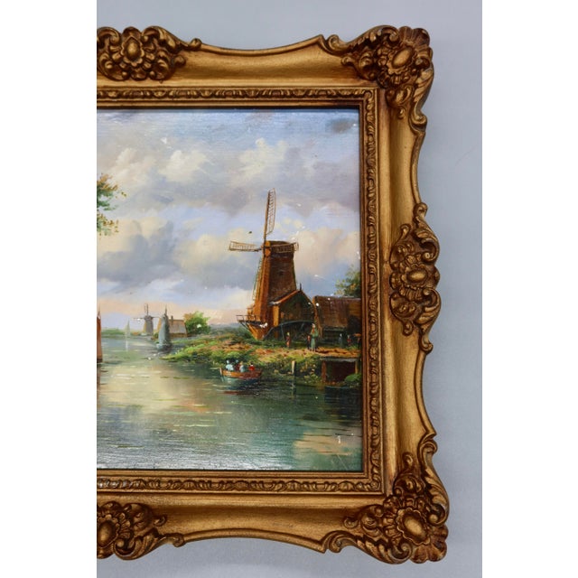 Early 20th Century Vintage Dutch School Oil on Board, Canal Scene With Windmill — Ornate Gilt Frame For Sale - Image 5 of 6
