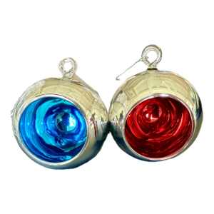 Large Pair of Hand-Blown Glass Ornaments by Two’s Company in Red and Blue With Silver Finish — 10" Diameter