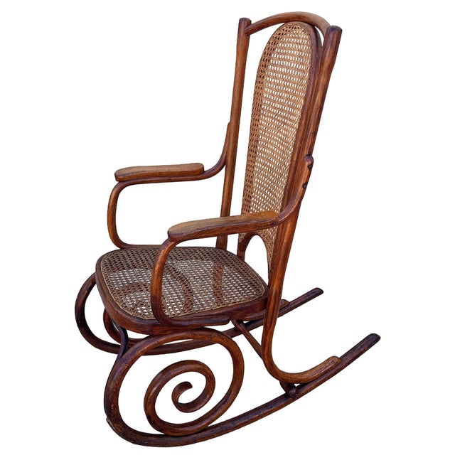 Mid-Century Modern Mid-Century Portuguese Bent Oak & Caine Scrolling Rocking Chair No. 5585 For Sale - Image 3 of 11