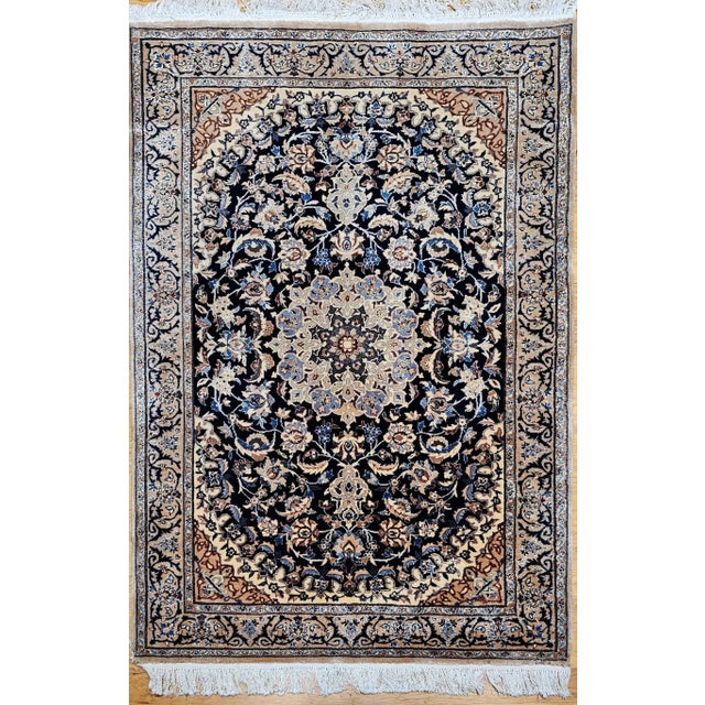 Vintage Persian Nain Area Rug,Handwoven Floral Pattern, Navy & Ivory, 4’ X 6’ For Sale In Chicago - Image 6 of 12