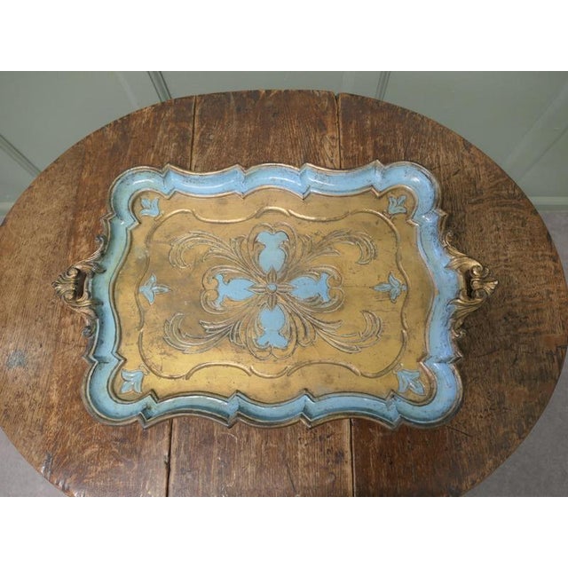 Rococo Decorative Carved Gold and Blue Painted Italian Sideboard Tray, 1960 For Sale - Image 3 of 8