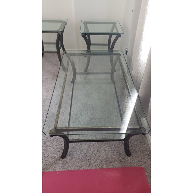 1980s Fortunoff Glass & Bronze End Tables & Coffee Table, Atrributed For Sale - Image 4 of 11
