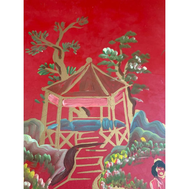 Vintage Red Hand Painted Chinoiserie Tole Tray For Sale - Image 9 of 12